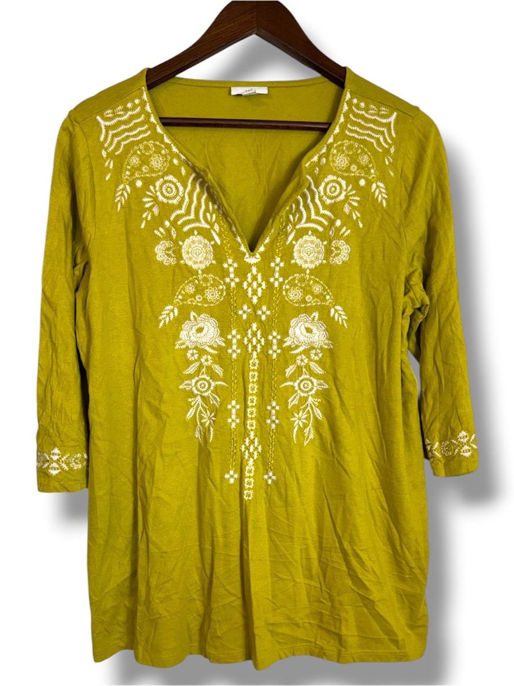 J. Jill Mustard Yellow Split Neck Floral Embroidered Tunic Blouse Large Petite